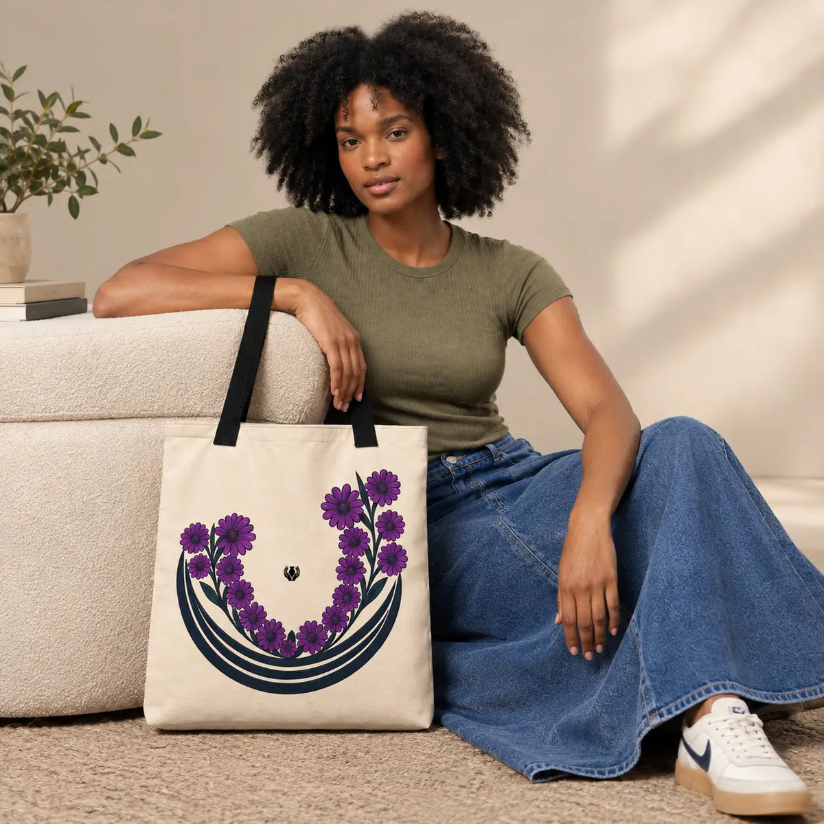 Floral Crescent Deep Purple Tote Bag