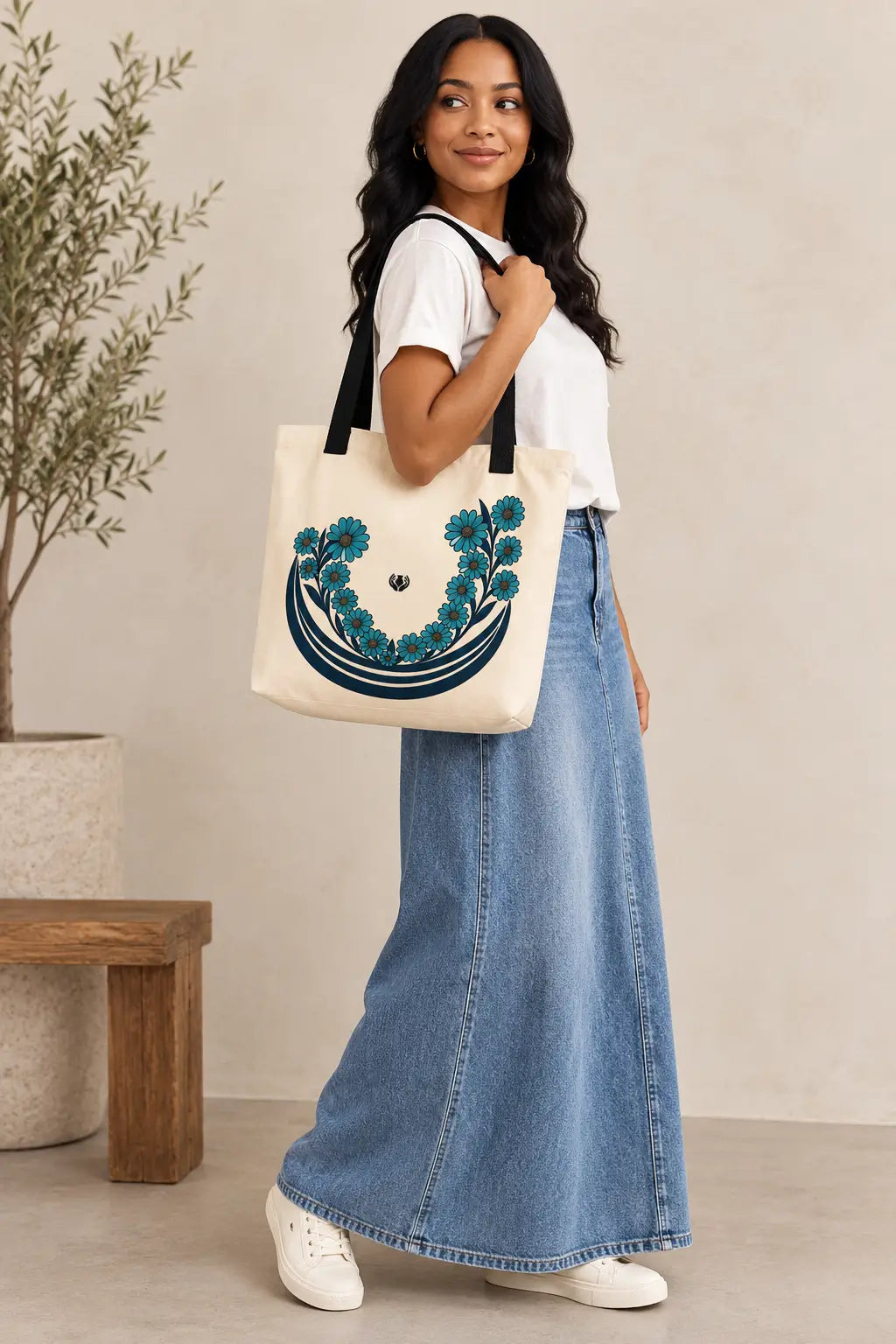 Floral Crescent Teal Tote Bag